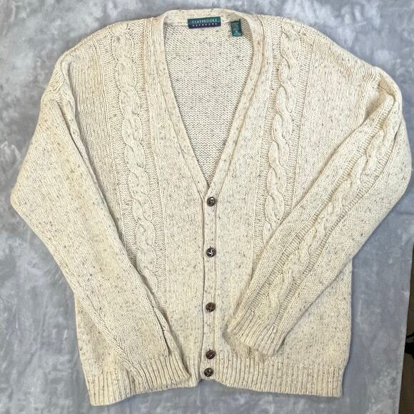 Vintage 80s 90s chunky cable knit fisherman cardigan sweater wool blend XL fleck - Picture 1 of 13